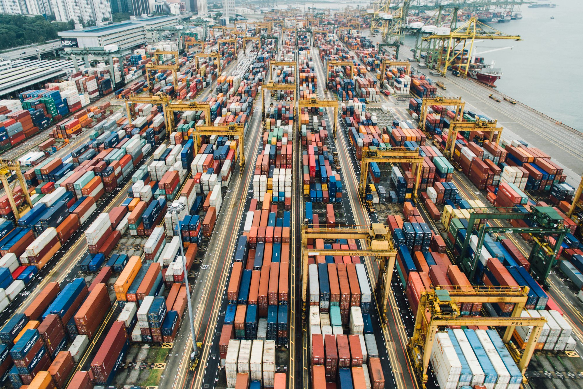 Aerial view of a busy container port