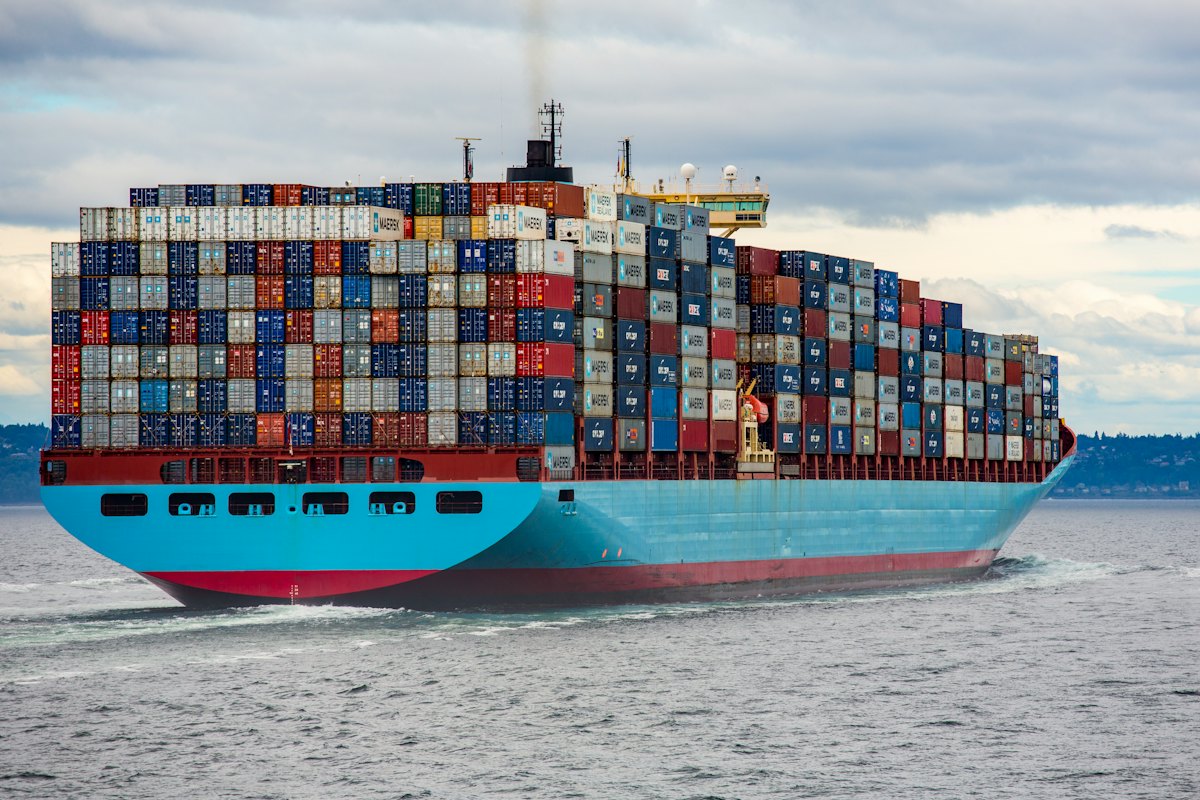 Loaded container ship at sea